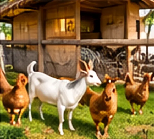 Artist’s impression of a goat and chickens beside a shed