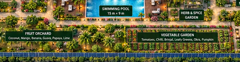 Artist’s impression of the concept plan showing the orchard, pool and vegetable garden