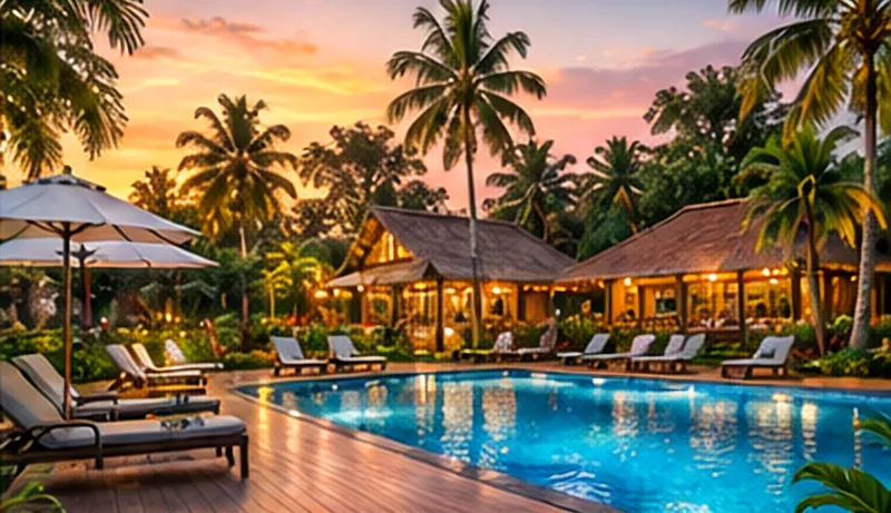Artist’s impression of the swimming pool with loungers and palm trees